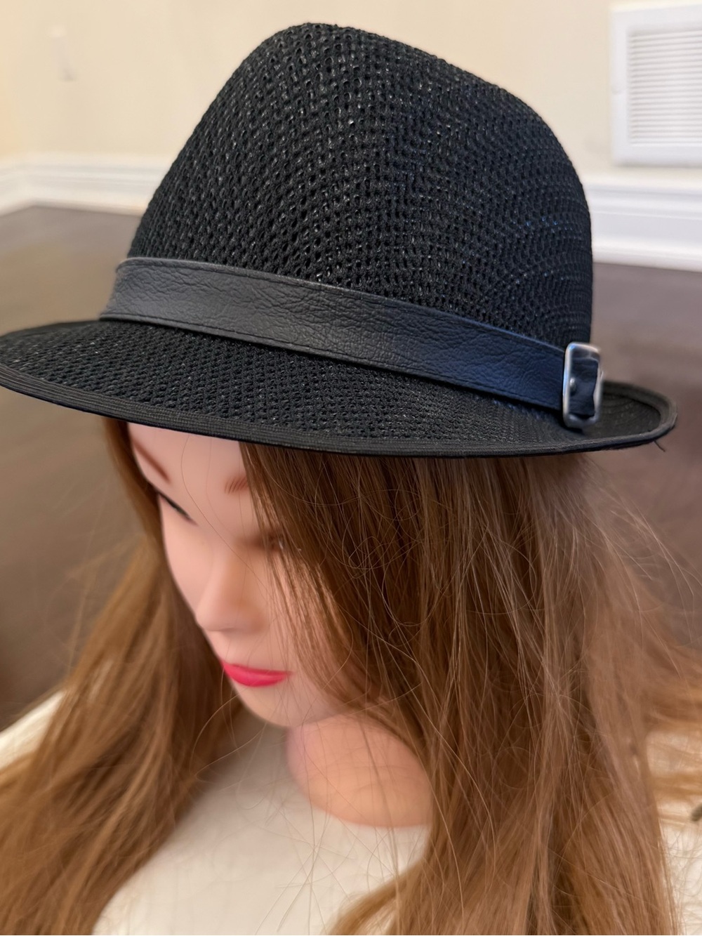 Black Women's Summer Fedora with Faux Leather Band